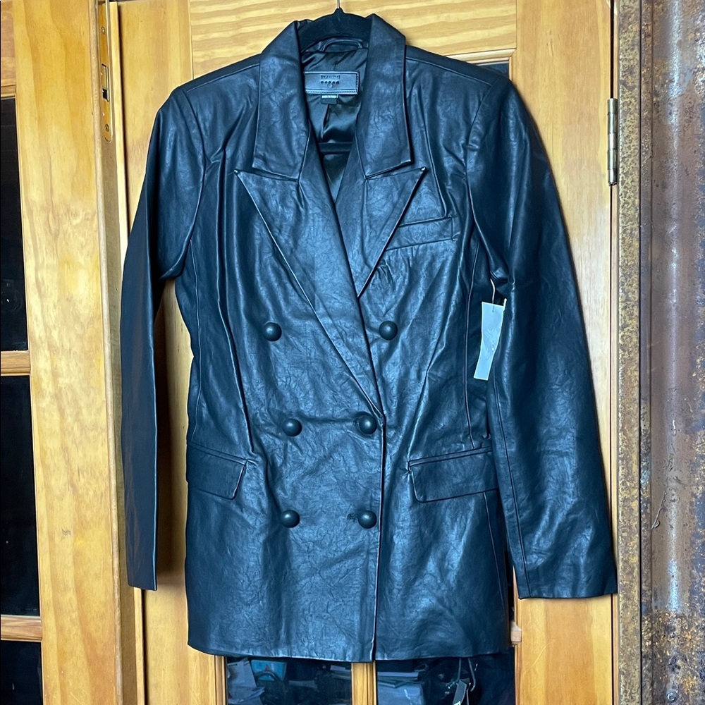 NEW BLANK NYC Black Vegan Leather Double-Breasted Jacket, Size S